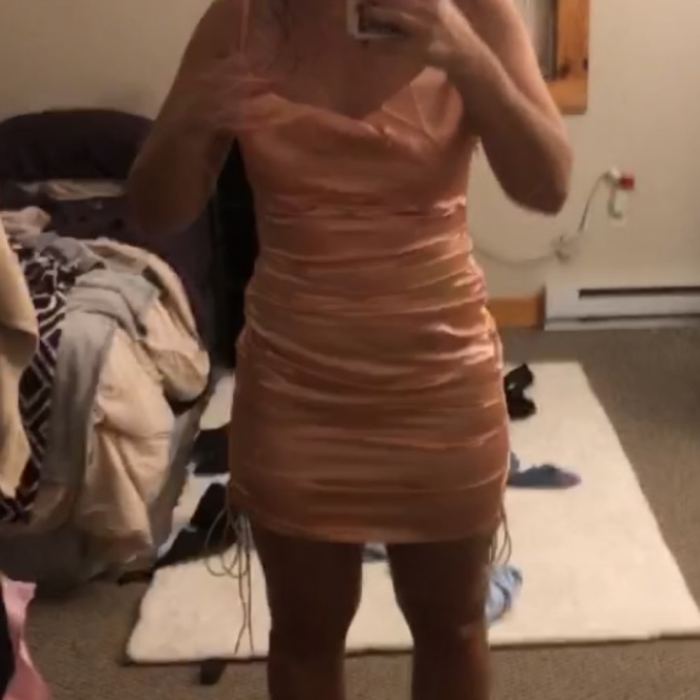 Silk rose gold pink rouched side dress